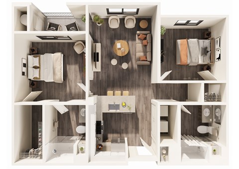 A top down view of a modern apartment layout.